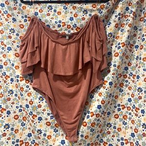 Off the shoulder mauve suede body suit